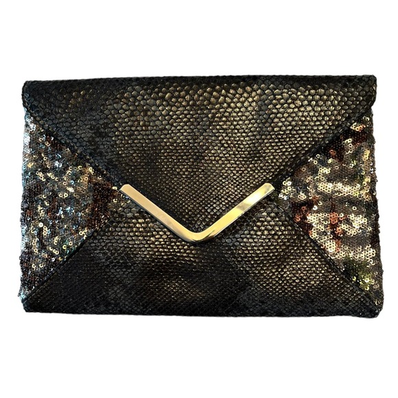 Evening Envelope Clutch Sequined Snakeskin Bag Black Multicolor Crossbody Chain - Picture 5 of 8